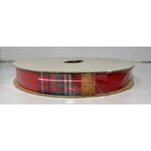 Vintage Velvet Ribbon Plaid Red Made In USA 25 Yards Water Resistant 7/8"